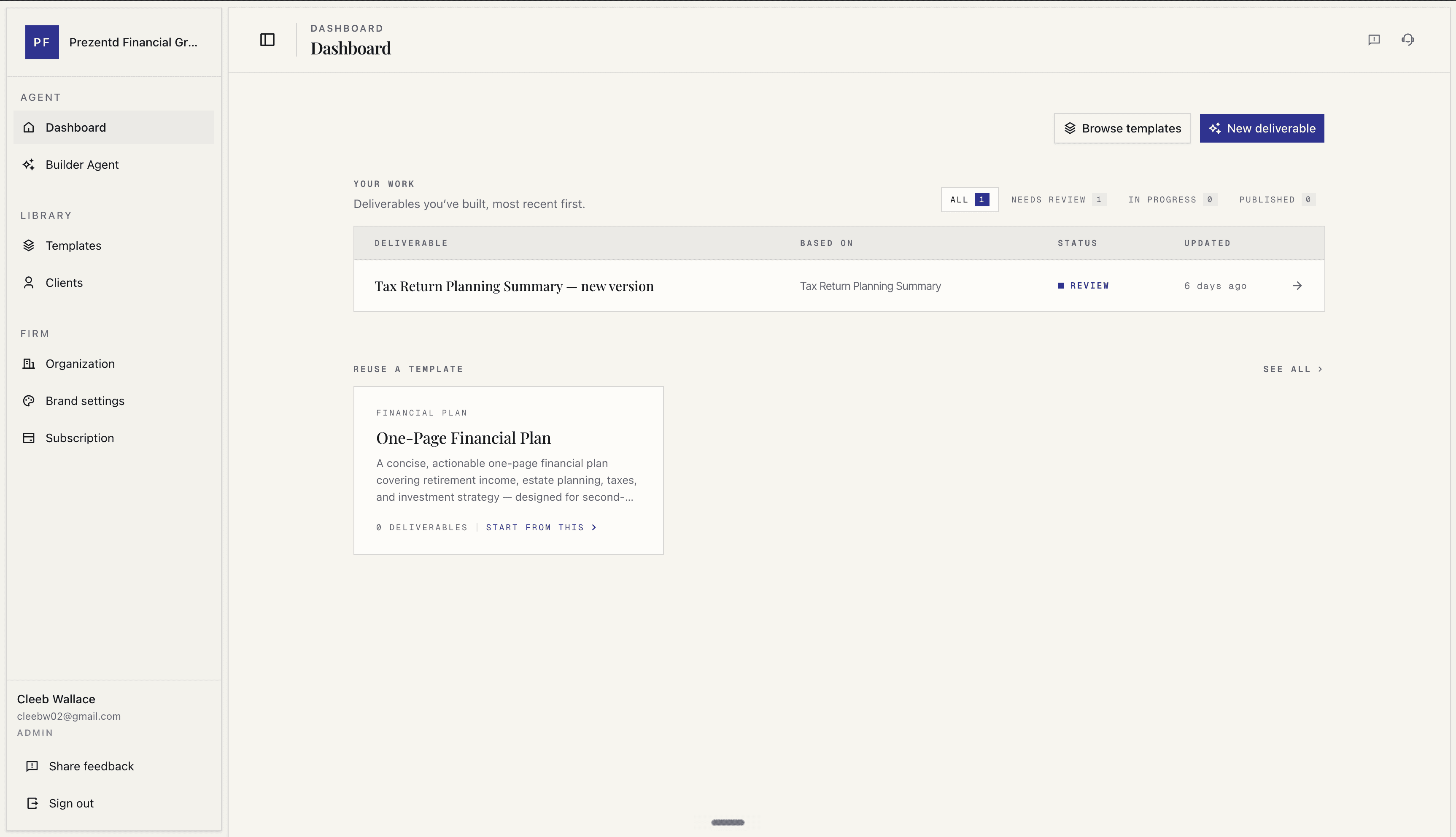 PREZENTD platform — deliverable dashboard with templates and client management